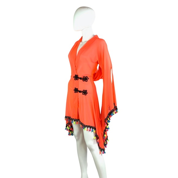Wassa Wear Fluorescent Orange Mesh Swimsuit Cover Up Tunic Robe Festival Rave - Picture 7 of 14